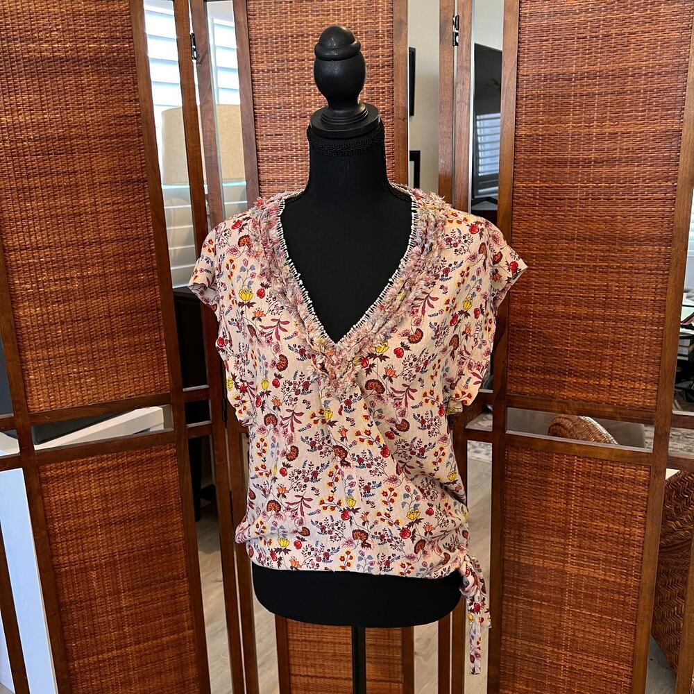 Democracy Blouse Womens Size Medium Floral Boho Tie at Waist Colorful Spring - Picture 15 of 16